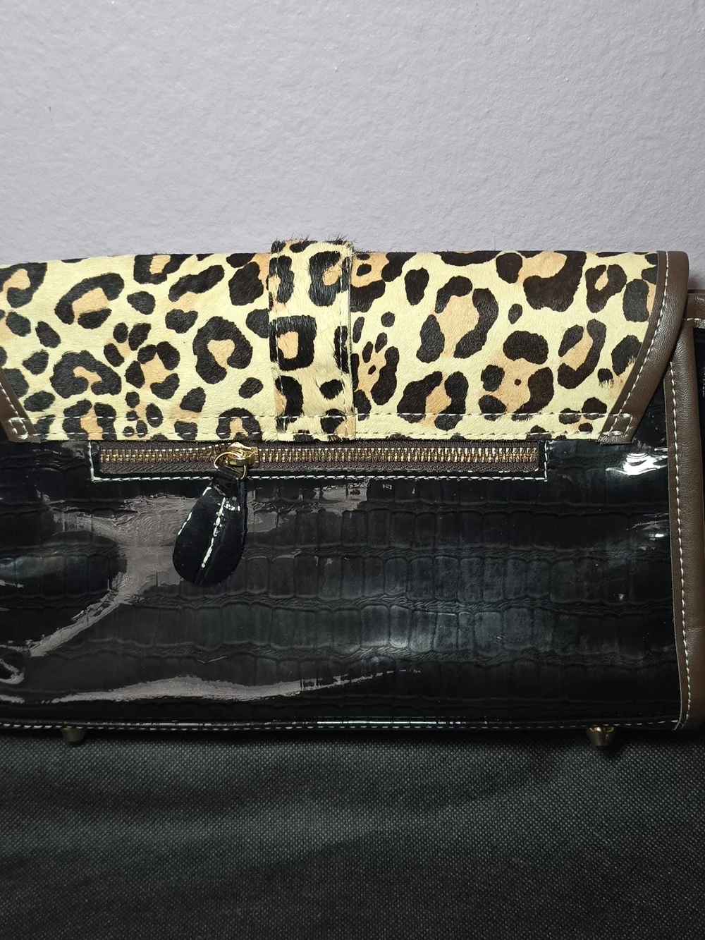 Leopard Print and Black Patent Genuine Leather Crossbody Bag